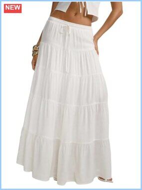 Boho Flowy Tiered Maxi Skirt A-Line Elastic Waist Ruffle Hem Summer
